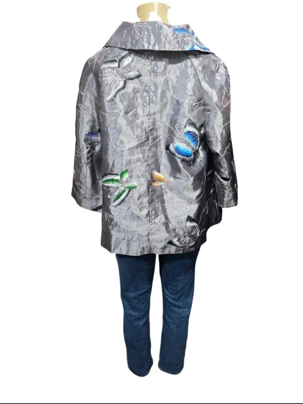 NWT Patchington Butterfly Embroidered Sequin Jacket M Gray Metallic Art Wear